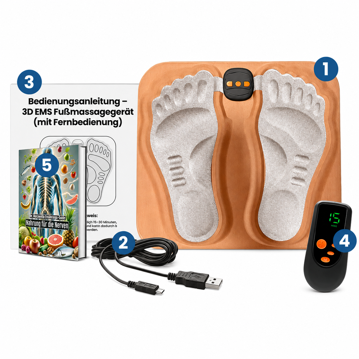 Lieferumfang: ReNerv 3D Matte, Fernbedienung, USB-Kabel, Anleitung und Ernährungs-Guide